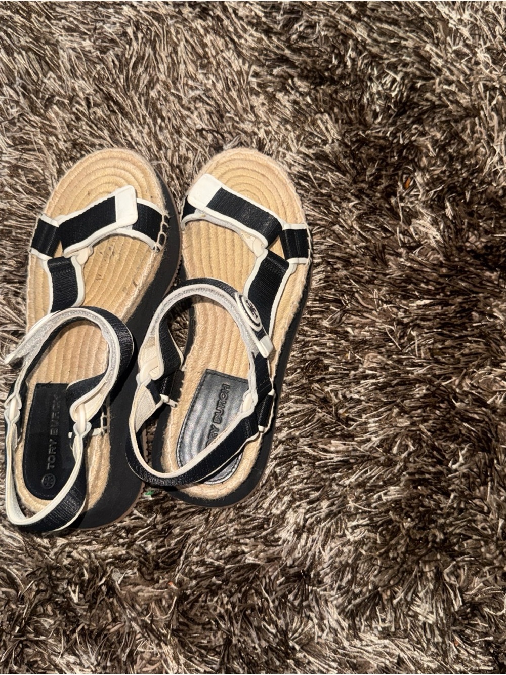Tory Burch Black and Cream Strappy Platform Sandals with Woven Footbed